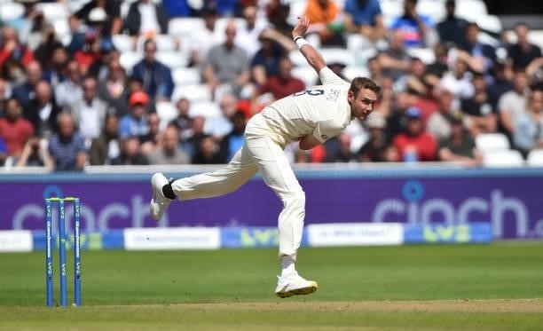 Stuart Broad of England runs into bowl during day three of the First Test Match between England and India at Trent Bridge on August 06, 2021 in...