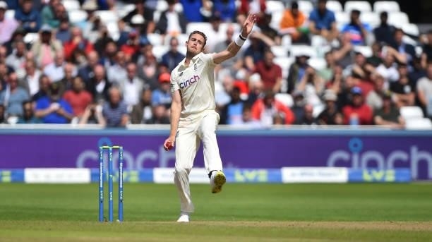 Stuart Broad of England runs into bowl during day three of the First Test Match between England and India at Trent Bridge on August 06, 2021 in...