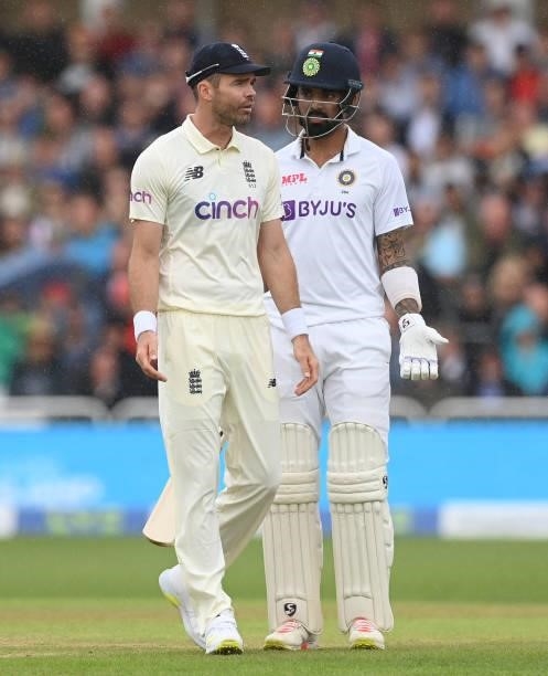 James Anderson of England and KL Rahul of India speak during the third day of the 1st LV= Test match between England and India at Trent Bridge on...