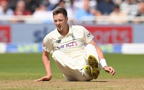 Ollie Robinson of England on the ground during the third day of the 1st LV= Test match between England and India at Trent Bridge on August 06, 2021...