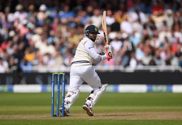 India batsmen Ravindra Jadeja in batting action during day three of the First Test Match between England and India at Trent Bridge on August 06, 2021...