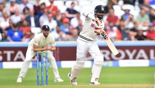 Ravindra Jadeja of India bats during day three of the First Test Match between England and India at Trent Bridge on August 06, 2021 in Nottingham,...