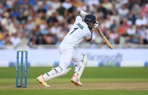 India batsmen KL Rahul in batting action during day three of the First Test Match between England and India at Trent Bridge on August 06, 2021 in...