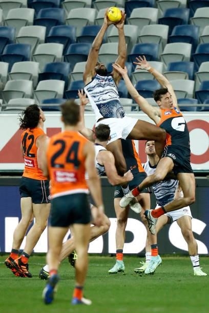 Esava Ratugolea of the Cats marks the ball during the round 21 AFL match between Geelong Cats and Greater Western Sydney Giants at GMHBA Stadium on...