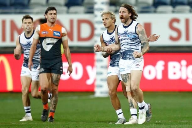 Zach Tuohy of the Cats celebrates a goal during the round 21 AFL match between Geelong Cats and Greater Western Sydney Giants at GMHBA Stadium on...