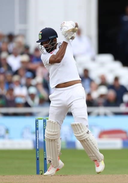 Kannaur Rahul of India hits out during day three of the First LV= Insurance test match between England and India at Trent Bridge on August 05, 2021...
