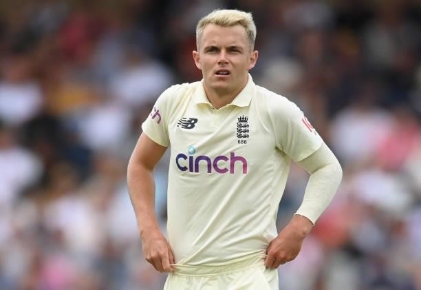 Sam Curran of England looks on during the third day of the 1st LV= Test match between England and India at Trent Bridge on August 06, 2021 in...
