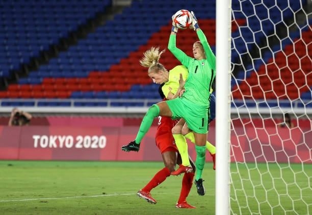 Stephanie Labbe of Team Canada makes a save from Sofia Jakobsson of Team Sweden during the Women's Gold Medal Match between Canada and Sweden on day...