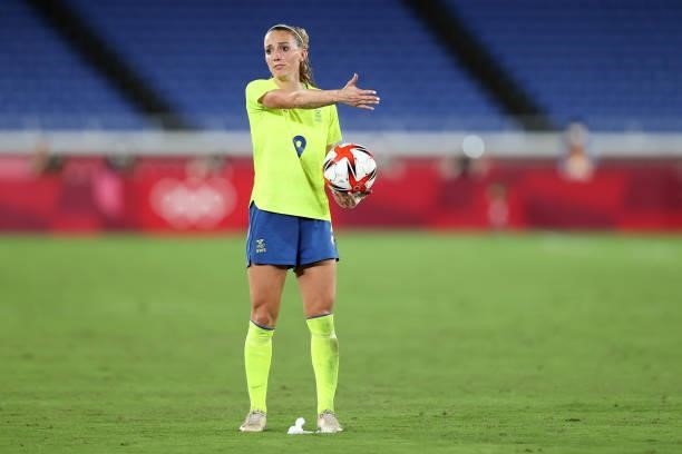 Kosovare Asllani of Team Sweden reacts during the Women's Gold Medal Match between Canada and Sweden on day fourteen of the Tokyo 2020 Olympic Games...