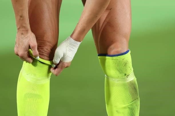 Kosovare Asllani of Team Sweden adjusts their socks during the Women's Gold Medal Match between Canada and Sweden on day fourteen of the Tokyo 2020...