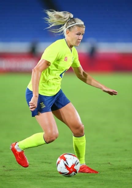 Hanna Glas of Team Sweden runs with the ball during the Women's Gold Medal Match between Canada and Sweden on day fourteen of the Tokyo 2020 Olympic...