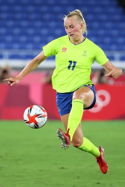 Stina Blackstenius of Team Sweden controls the ball during the first half against Team Canada during the women's football gold medal match between...