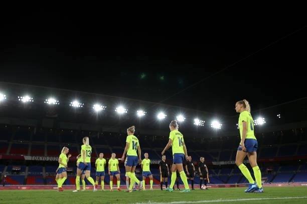 Amanda Ilestedt, Nathalie Bjorn, Filippa Angeldal and Fridolina Rolfo of Team Sweden make their way towards the pitch prior to the Women's Gold Medal...