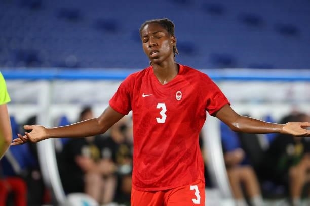 Kadeisha Buchanan of Team Canada reacts during the first half against Team Sweden during the women's football gold medal match between Canada and...