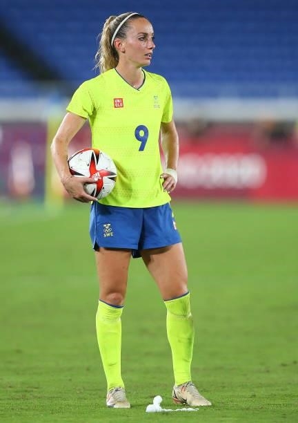 Kosovare Asllani of Team Sweden prepares to take a free-kick during the Women's Gold Medal Match between Canada and Sweden on day fourteen of the...