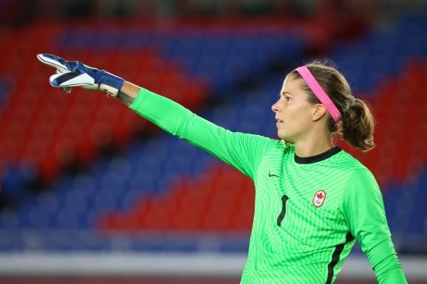 Stephanie Labbe of Team Canada points down the field during the first half against Team Sweden during the women's football gold medal match between...