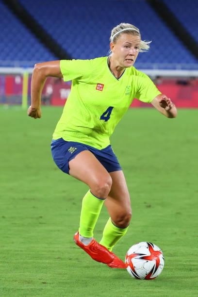 Hanna Glas of Team Sweden controls the ball during the first half against Team Canada during the women's football gold medal match between Canada and...