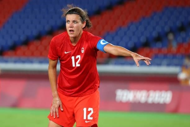 Christine Sinclair of Team Canada reacts during the first half against Team Sweden during the women's football gold medal match between Canada and...