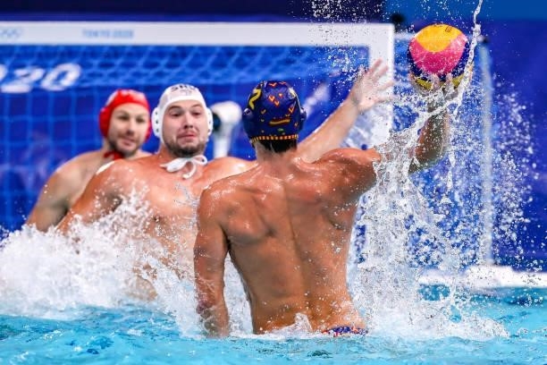 Alberto Munarriz of Team Spain during the Tokyo 2020 Olympic Waterpolo Tournament men's Semi Final match between Serbia and Spain at Tatsumi...