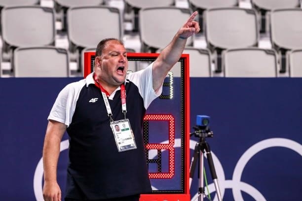 Head coach Dejan Savic of Team Serbia during the Tokyo 2020 Olympic Waterpolo Tournament men's Semi Final match between Serbia and Spain at Tatsumi...