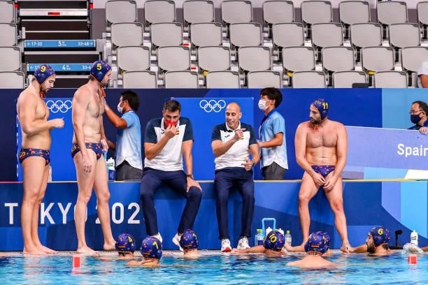 Team Spain with head coach David Martin of Team Spain during the Tokyo 2020 Olympic Waterpolo Tournament men's Semi Final match between Serbia and...