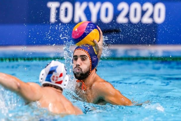 Marc Larumbe of Team Spain during the Tokyo 2020 Olympic Waterpolo Tournament men's Semi Final match between Serbia and Spain at Tatsumi Waterpolo...