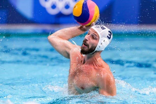 Nikola Dedovic of Team Serbia during the Tokyo 2020 Olympic Waterpolo Tournament men's Semi Final match between Serbia and Spain at Tatsumi Waterpolo...