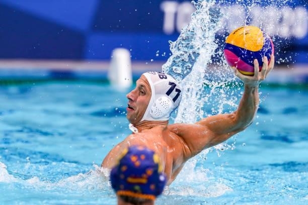 Andrija Prlainovic of Team Serbia during the Tokyo 2020 Olympic Waterpolo Tournament men's Semi Final match between Serbia and Spain at Tatsumi...