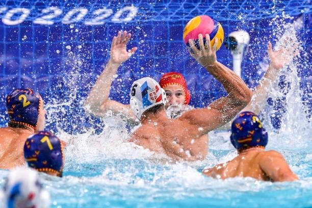 Dusko Pijetlovic of Team Serbia during the Tokyo 2020 Olympic Waterpolo Tournament men's Semi Final match between Serbia and Spain at Tatsumi...