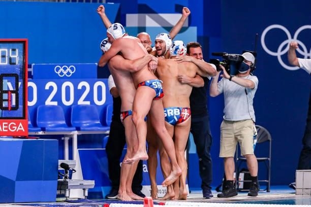 Filip Filipovic of Serbia, Djordje Lazic of Serbia, Dusko Pijetlovic of Team Serbia during the Tokyo 2020 Olympic Waterpolo Tournament men's Semi...