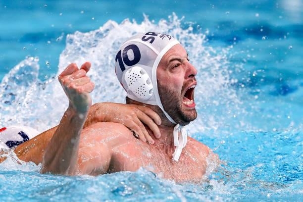 Filip Filipovic of Team Serbia is celebrating his goal during the Tokyo 2020 Olympic Waterpolo Tournament men's Semi Final match between Serbia and...