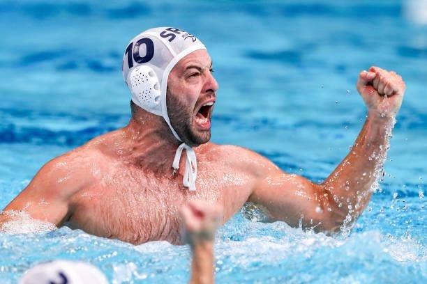 Filip Filipovic of Team Serbia is celebrating his goal during the Tokyo 2020 Olympic Waterpolo Tournament men's Semi Final match between Serbia and...