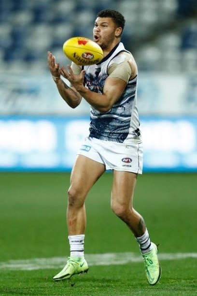 Brandon Parfitt of the Cats marks the ball during the round 21 AFL match between Geelong Cats and Greater Western Sydney Giants at GMHBA Stadium on...