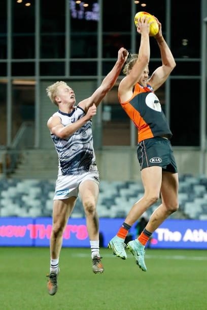 Harry Himmelberg of the Giants marks the ball during the round 21 AFL match between Geelong Cats and Greater Western Sydney Giants at GMHBA Stadium...