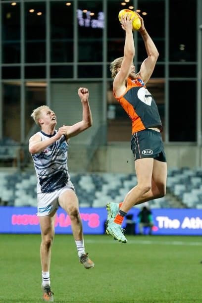 Harry Himmelberg of the Giants marks the ball during the round 21 AFL match between Geelong Cats and Greater Western Sydney Giants at GMHBA Stadium...