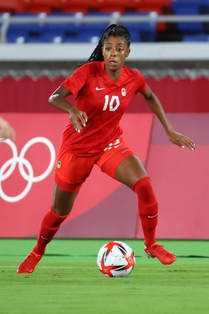Ashley Lawrence of Team Canada controls the ball during the first half against Team Sweden during the women's football gold medal match between...