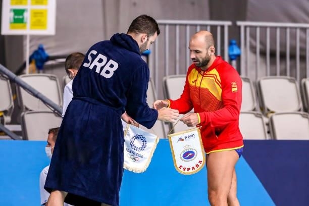 Filip Filipovic of Serbia, Felipe Perrone of Spain during the Tokyo 2020 Olympic Waterpolo Tournament men's Semi Final match between Serbia and Spain...