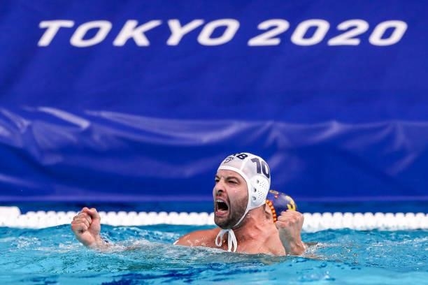 Filip Filipovic of Serbia during the Tokyo 2020 Olympic Waterpolo Tournament men's Semi Final match between Serbia and Spain at Tatsumi Waterpolo...