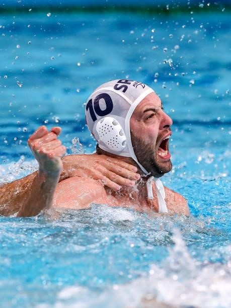 Filip Filipovic of Serbia is celebrating his goal during the Tokyo 2020 Olympic Waterpolo Tournament men's Semi Final match between Serbia and Spain...