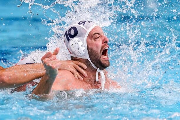 Dusan Mandic of Serbia, Filip Filipovic of Serbia during the Tokyo 2020 Olympic Waterpolo Tournament men's Semi Final match between Serbia and Spain...