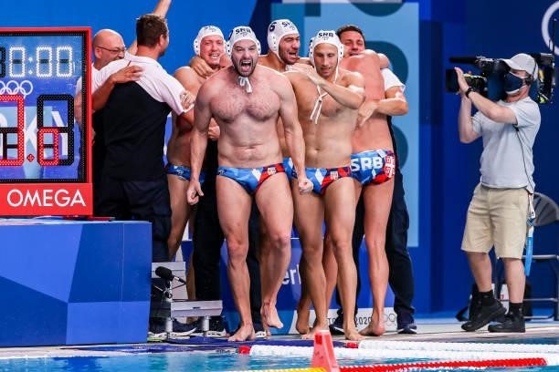 Filip Filipovic of Serbia, Djordje Lazic of Serbia during the Tokyo 2020 Olympic Waterpolo Tournament men's Semi Final match between Serbia and Spain...