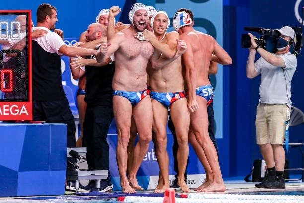 Filip Filipovic of Serbia, Djordje Lazic of Serbia during the Tokyo 2020 Olympic Waterpolo Tournament men's Semi Final match between Serbia and Spain...