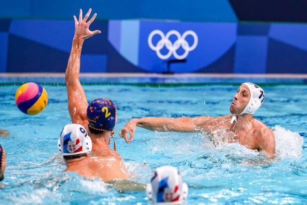 Alberto Munarriz of Spain, Andrija Prlainovic of Serbia during the Tokyo 2020 Olympic Waterpolo Tournament men's Semi Final match between Serbia and...