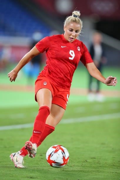 Adriana Leon of Team Canada runs with the ball during the Women's Gold Medal Match between Canada and Sweden on day fourteen of the Tokyo 2020...