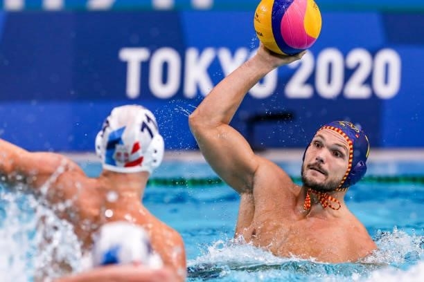 Martin Famera of Spain during the Tokyo 2020 Olympic Waterpolo Tournament men's Semi Final match between Serbia and Spain at Tatsumi Waterpolo Centre...