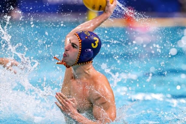 Alvaro Granados of Spain during the Tokyo 2020 Olympic Waterpolo Tournament men's Semi Final match between Serbia and Spain at Tatsumi Waterpolo...