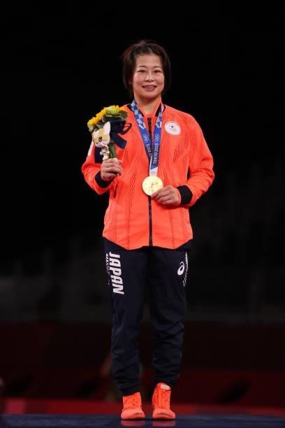 Gold medalist Mayu Mukaida of Team Japan poses with the gold medal during the Women's Freestyle 53kg medal ceremony on day fourteen of the Tokyo 2020...