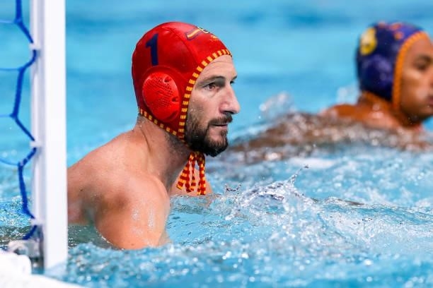 Daniel Lopez Pinedo of Spain during the Tokyo 2020 Olympic Waterpolo Tournament men's Semi Final match between Serbia and Spain at Tatsumi Waterpolo...