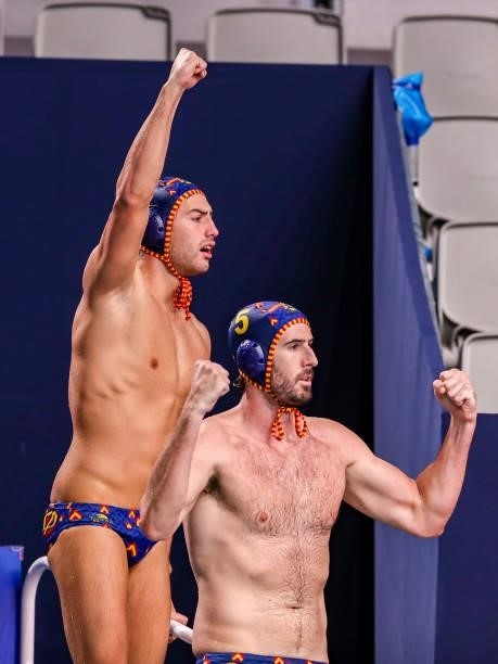 Bernat Sanahuja of Spain, Miguel de Toro Dominguez of Spain during the Tokyo 2020 Olympic Waterpolo Tournament men's Semi Final match between Serbia...