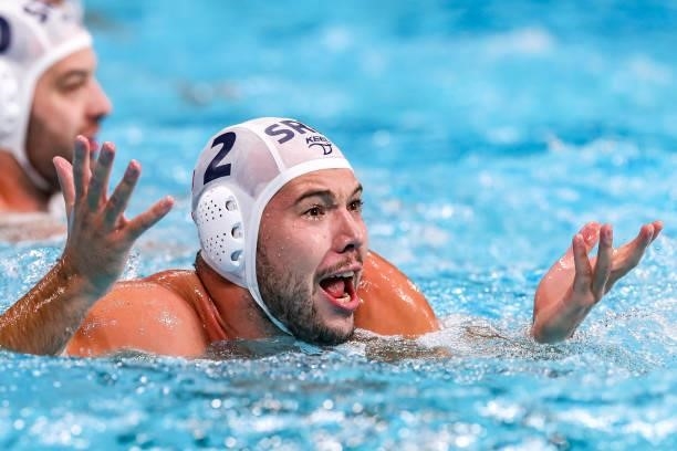 Dusan Mandic of Serbia during the Tokyo 2020 Olympic Waterpolo Tournament men's Semi Final match between Serbia and Spain at Tatsumi Waterpolo Centre...